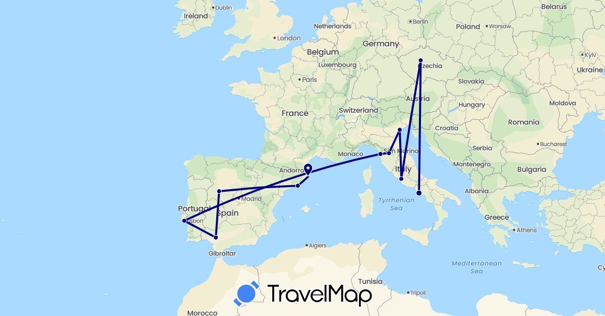 TravelMap itinerary: driving in Czech Republic, Spain, Italy, Portugal (Europe)